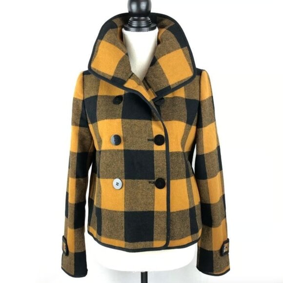 LOFT Wool Buffalo Check Double Breasted Navy/Gold Swing Coat - Picture 3 of 12